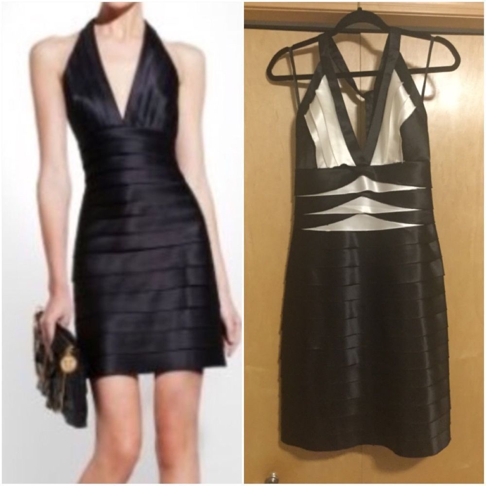 BCBGMAXAZRIA Dress, Sleeveless Satin Halter Tiered - Picture 1 of 10